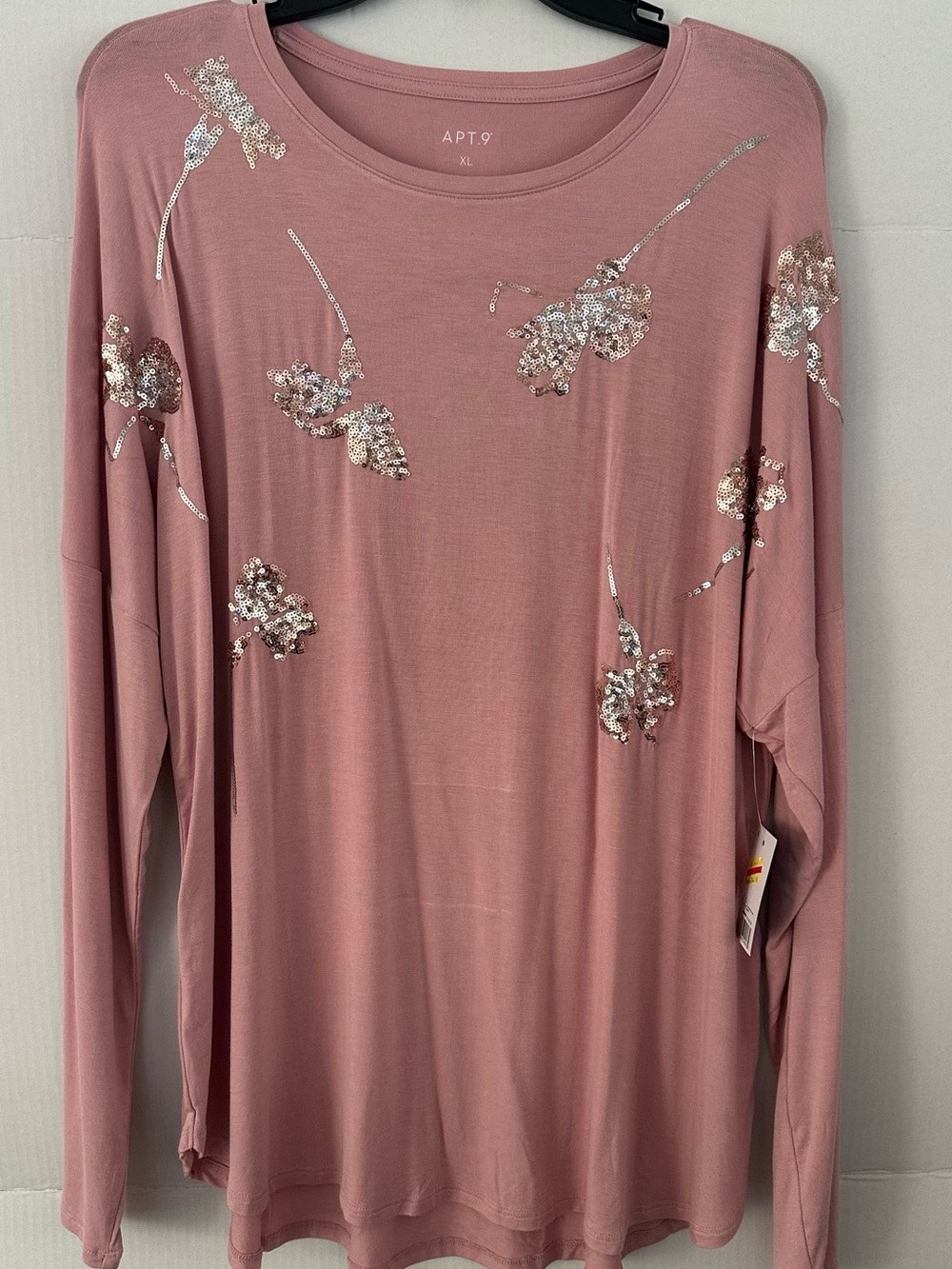 Apt. 9 Rose Pink Sequin Floral Long-Sleeve Top NWT